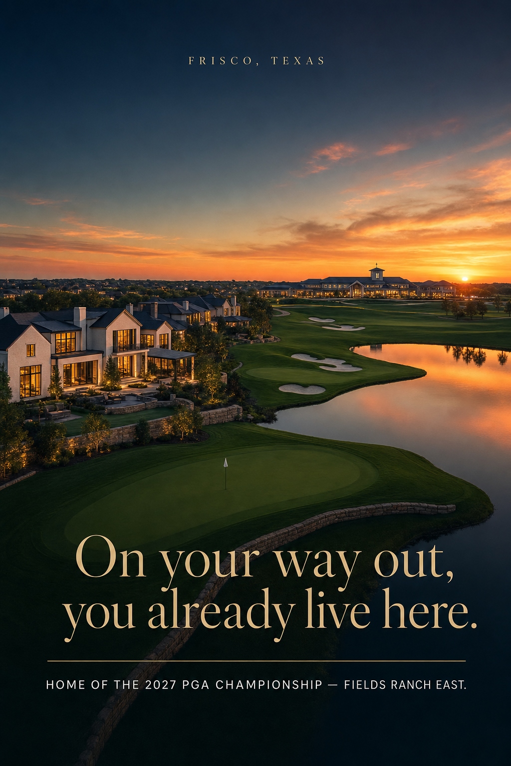 Luxury homes on the golf course at sunset in Frisco, Texas — Fields Ranch East